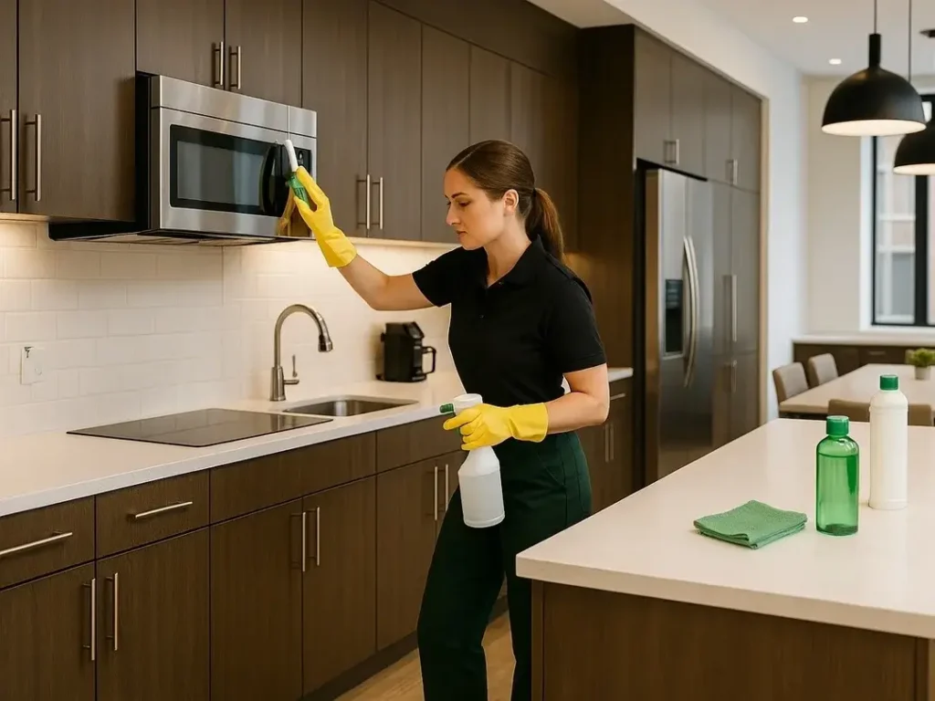 Command 33 cleaner disinfecting a modern breakroom microwave in an elegant kitchen environment, wearing black shirt and green pants