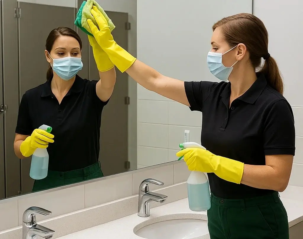 Command 33 cleaner disinfecting mirror in a commercial restroom wearing mask and gloves, showcasing hygiene and professionalism