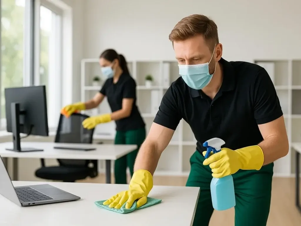 Command 33 professional dusting and disinfecting an office desk with yellow gloves and surgical mask, bright office background