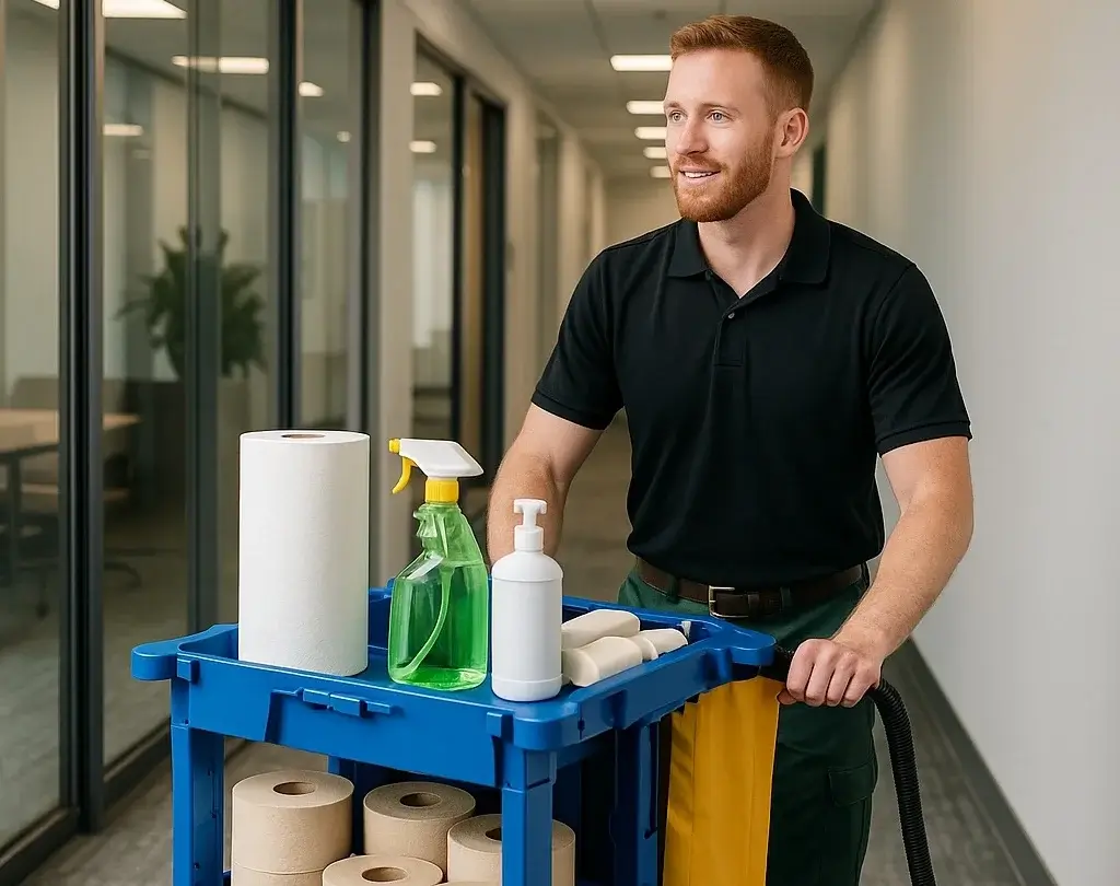 Command 33 janitor pushing a fully stocked supply cart in a modern office hallway, showcasing restocking service for paper, soap, and cleaners