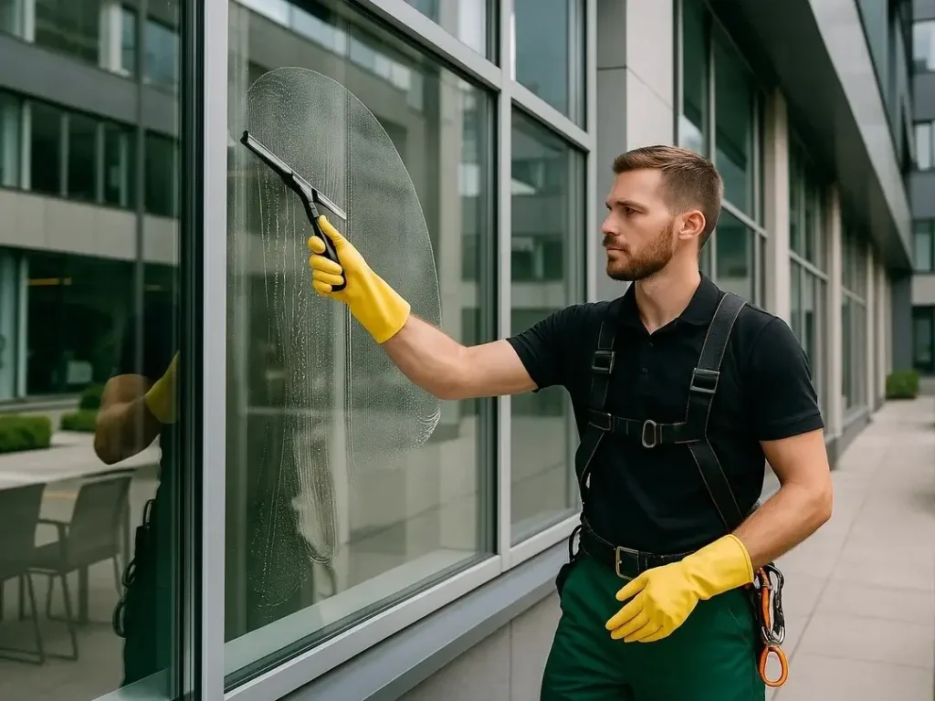 Command 33 technician cleaning exterior office windows with a squeegee while wearing professional harness and safety gloves
